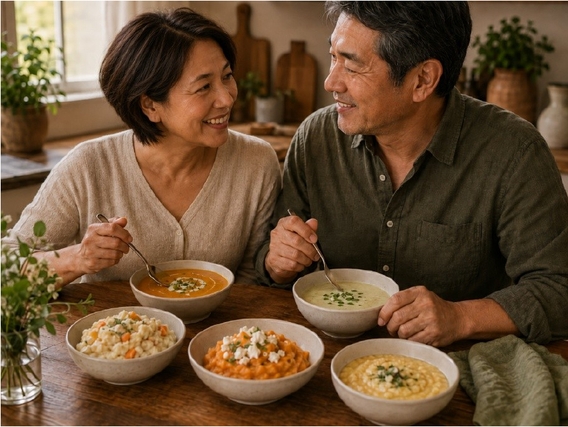 An older couple enjoying soup together at a wooden table, from page 17 of The Envita Treatment Table cookbook