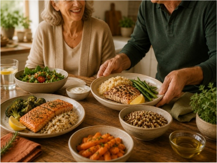 An older couple sharing salmon, grains, and vegetables from page 47 of The Envita Treatment Table cookbook