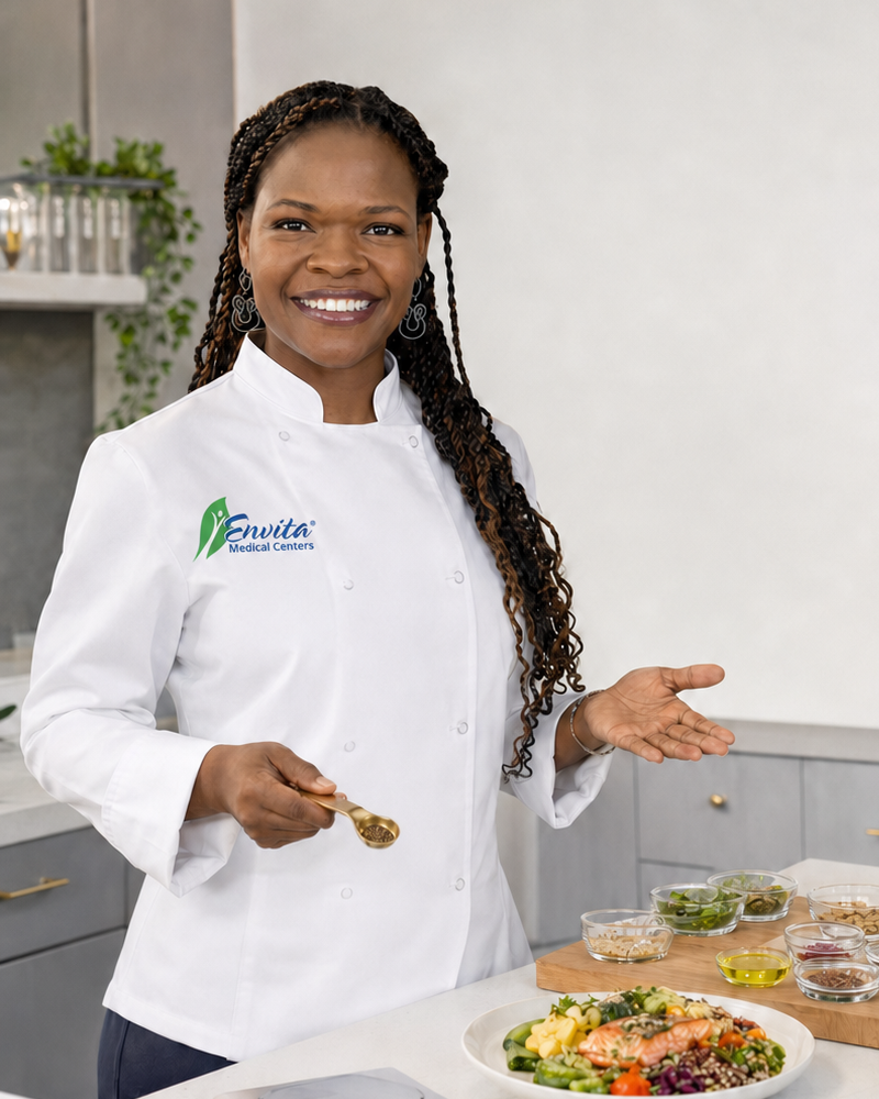 Dr. Kailey Williams, NMD, DAcHM, in an Envita chef coat with fresh ingredients and a plated meal