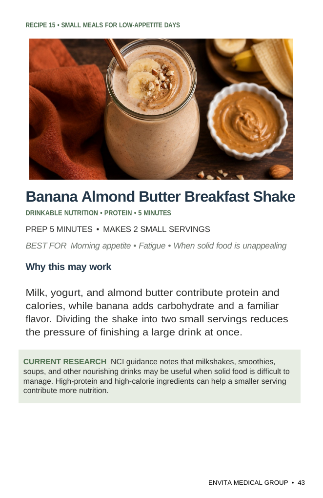 Cookbook sample page for Recipe 15, Banana Almond Butter Breakfast Shake, from The Envita Treatment Table