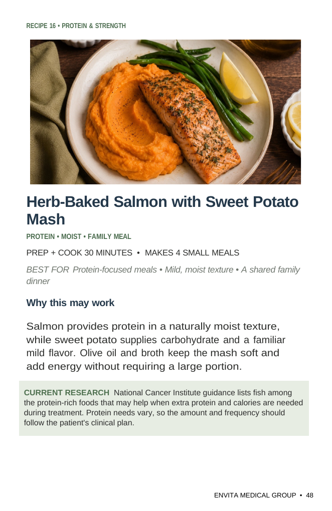 Cookbook sample page for Recipe 16, Herb-Baked Salmon with Sweet Potato Mash, from The Envita Treatment Table