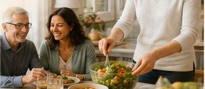 A caregiver serving salad while an older patient and another person sit together, from page 86 of The Envita Treatment Table cookbook