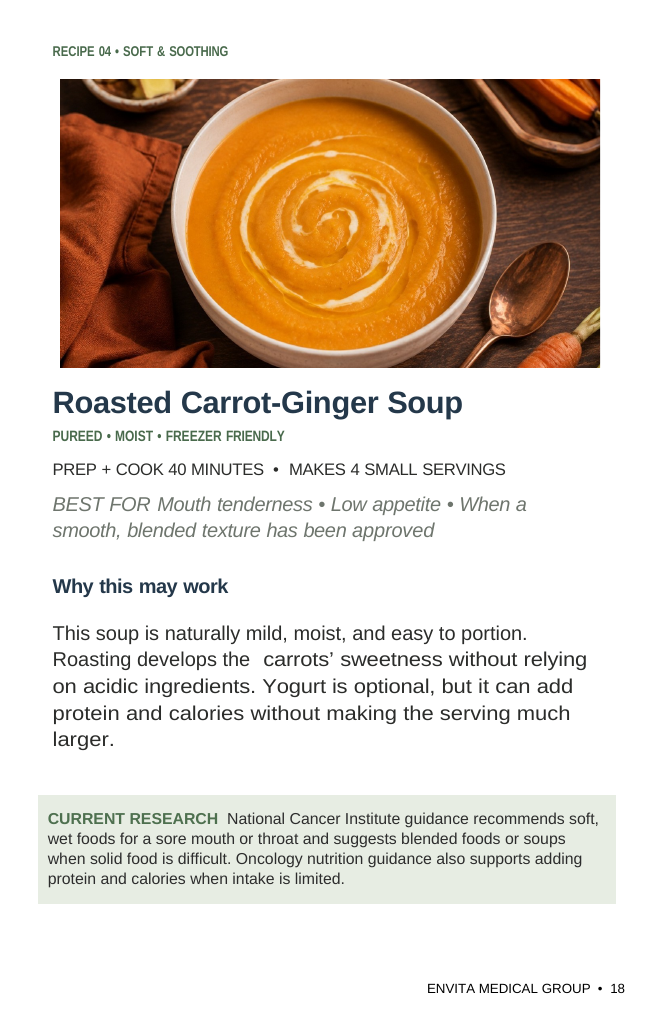 Cookbook sample page for Recipe 04, Roasted Carrot-Ginger Soup, from The Envita Treatment Table